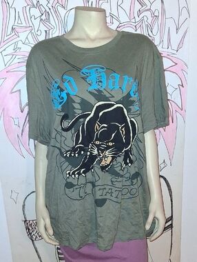 Ed Hardy Olive Green Panther Graphic Tee with Blue Logo
